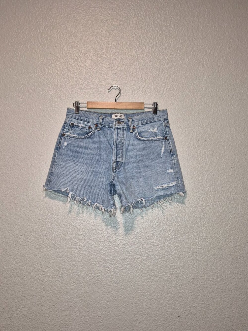 AGOLDE Women's Parker Long Denim Shorts Size: 28 Distressed Hem